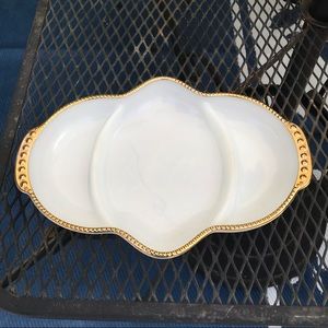 Vintage Anchor Hocking Divided Dish Fire King White Milk Glass Gold Trim MCM